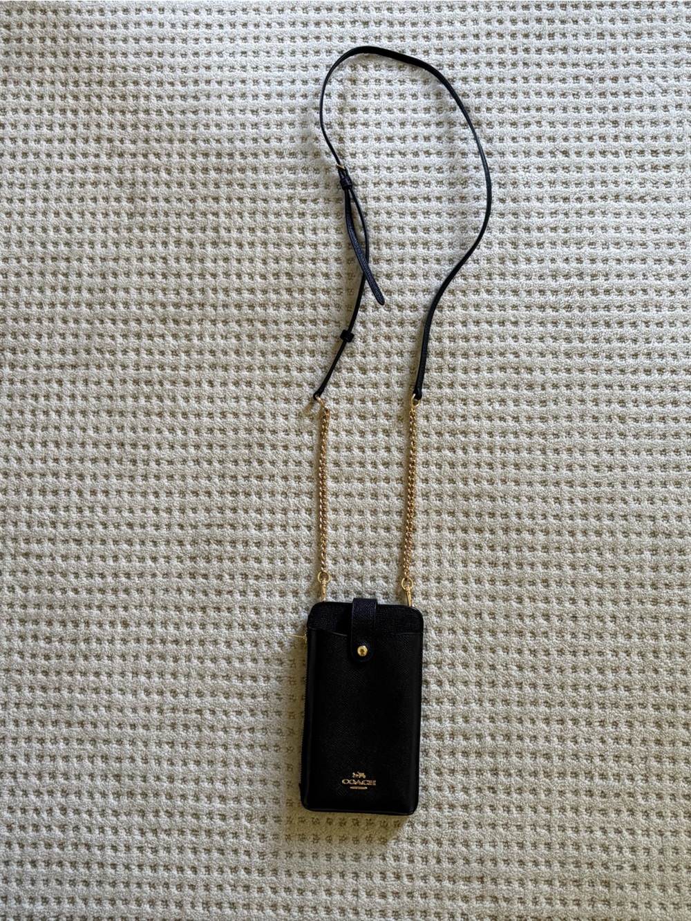 Coach Black Leather Phone Crossbody with Gold Chain